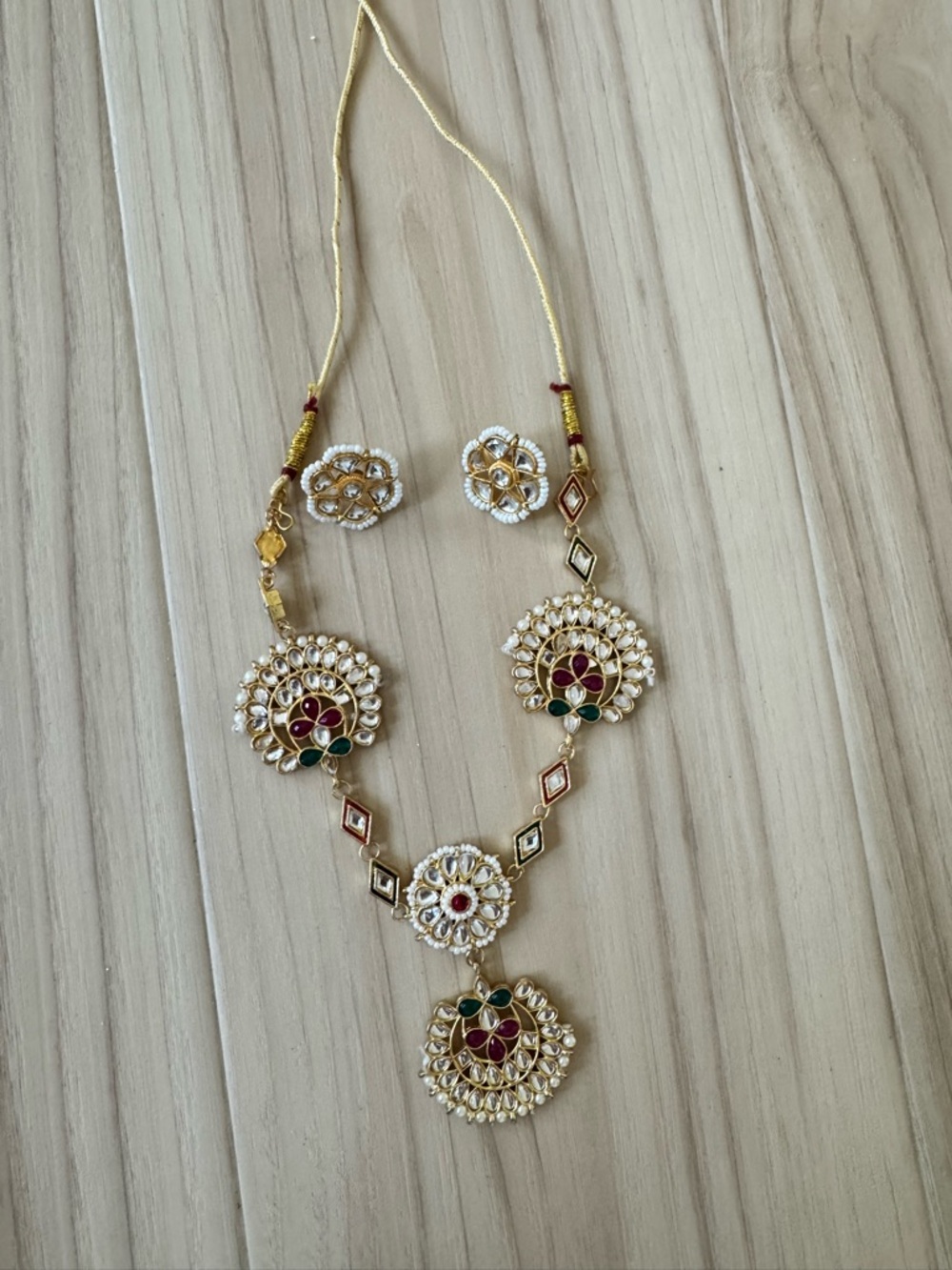 Gold-Tone Kundan Pendant Necklace with Red and Green Accents